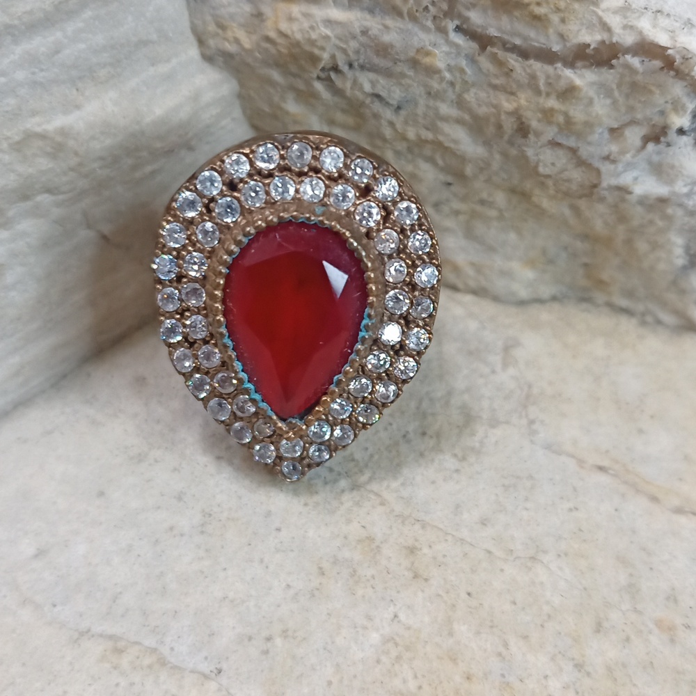 Vintage 925 Sterling Silver Ruby Red CZ Teardrop Ring with Crystal Accents